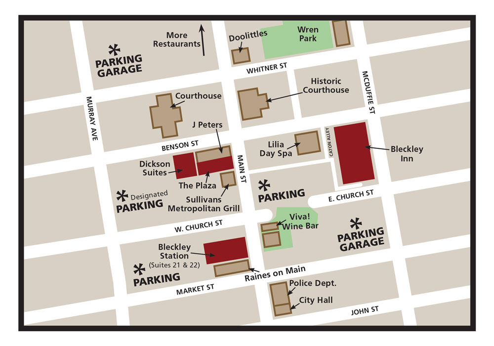 Downtown map of Anderson, SC, showing streets, municipal buildings, parking areas, and businesses, including the Bleckley Inn lodging.